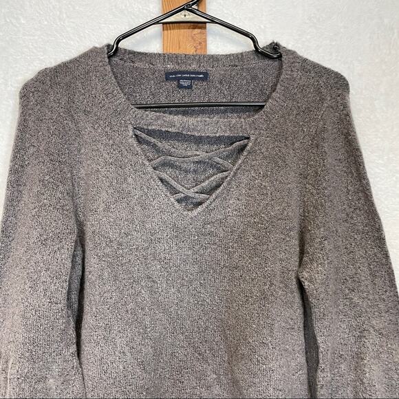 American Eagle Gray Boho Lace‎ Up Long Bell Sleeve Sweater Size XS - Picture 2 of 8